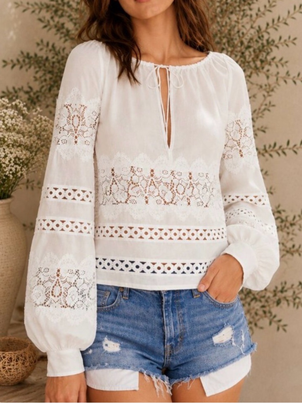 For Love & Lemons White Lace Boho Peasant Blouse